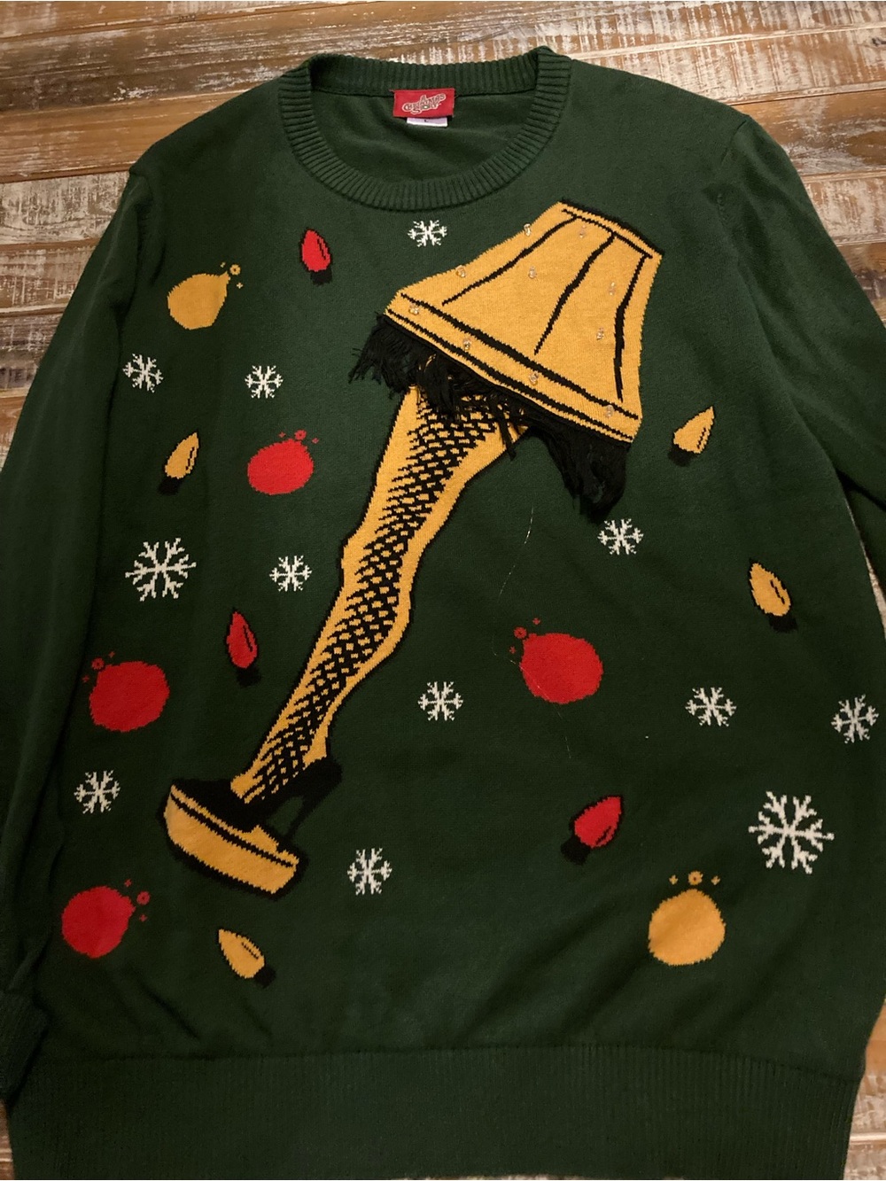 Novelty Crewneck Sweater with Yellow Leg Lamp Graphic - Green